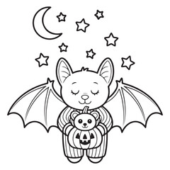 Baby Bat Holding Pumpkin Plushie Under Moon and Stars - Cute Halloween Line Art