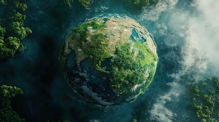 Lush green Earth surrounded by clouds and forest.