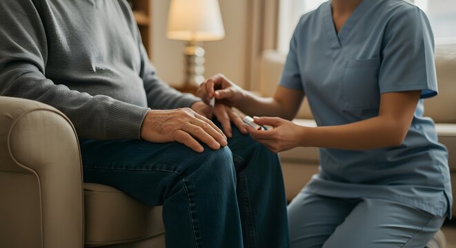 Nurse carefully administers medication to an elderly patient in a home setting to ensure proper health management and daily recovery.