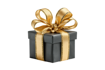 PNG Gray gift box with gold ribbon on black background for celebratory occasions