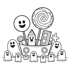 Halloween Candy Bucket with Ghosts and Treats | Line Art Coloring Page