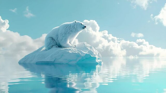 Polar bear stranded on melting ice floe in vast ocean