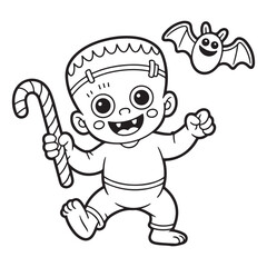 Obraz premium Frankenstein Boy with Candy Cane and Bat – Cute Halloween Coloring Page