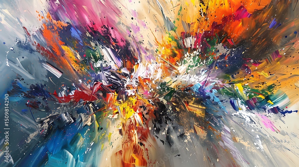 Poster abstract painting with dynamic splashes of vibrant colors on a textured canvas