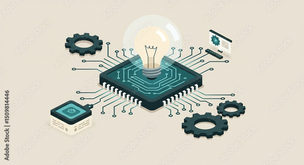 Poster light bulb on circuit board with gears showing innovation concept