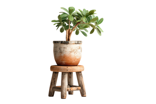 PNG Potted jade plant on rustic wooden stool isolated on black background