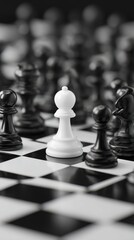 White Chess Pawn Among Black Pieces on Checkerboard. High quality