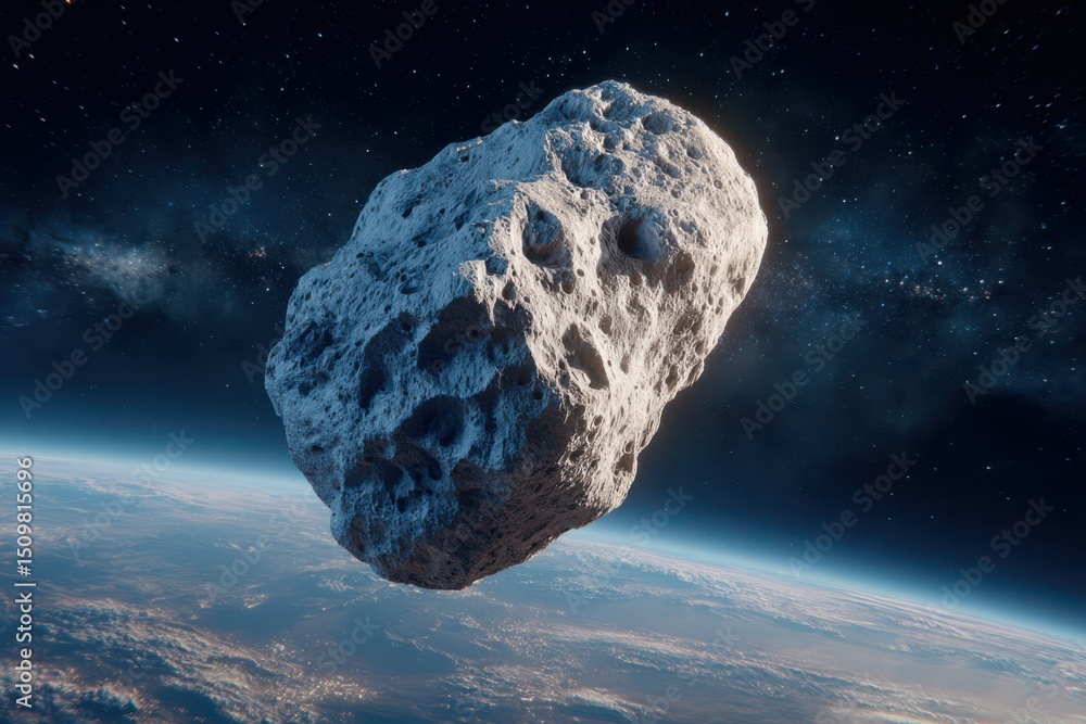 Poster a massive asteroid flying over the earth, showing a close-up view of the astronomical event with the
