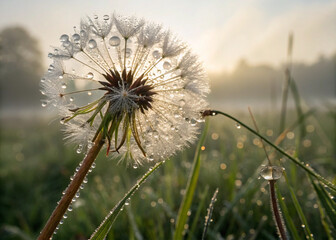Dew-Kissed Dandelion Seed Head in Morning Light
