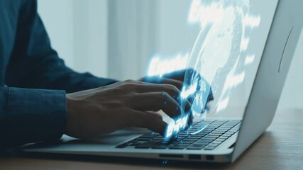 Hands typing on a laptop with an overlay of languages and a digital globe representing global communication and multilingual content creation. Qubit. - Powered by Adobe