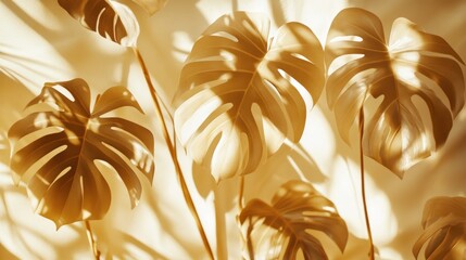 Golden Monstera leaves on draped fabric, sunlit interior