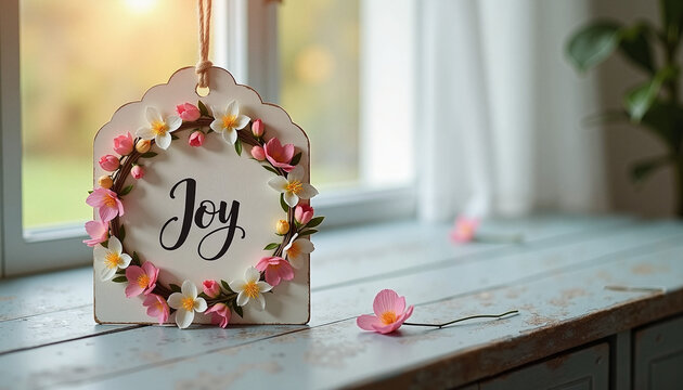 Easter tag with floral wreath saying "Joy" on wooden surface by window  