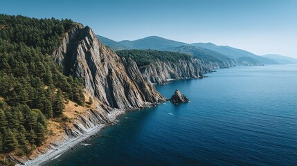 Obraz premium Rugged coastline with lush forest and clear water.