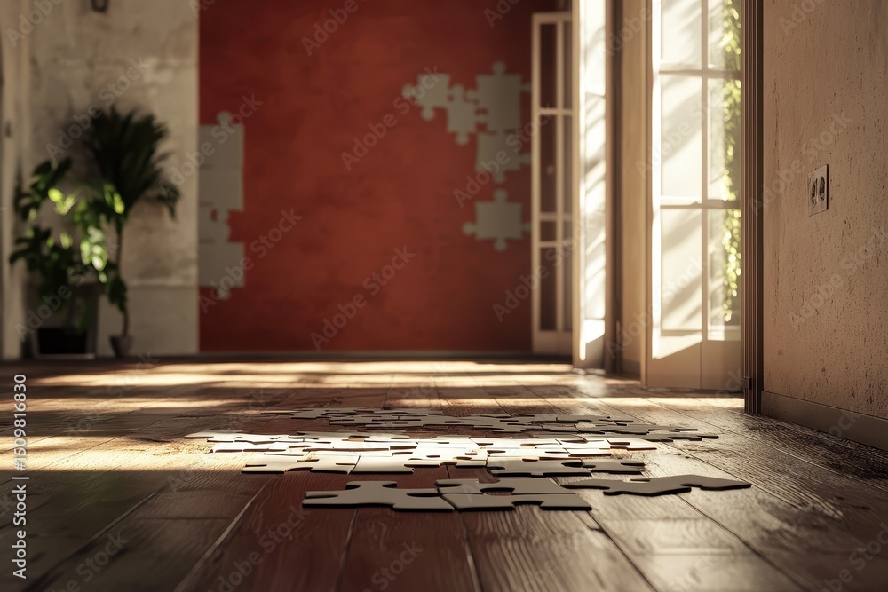 Poster final puzzle piece filling the empty space in a bright room with sunlight streaming in, the last pie