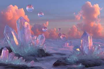 Surreal landscape of crystals and bubbles under colorful clouds.