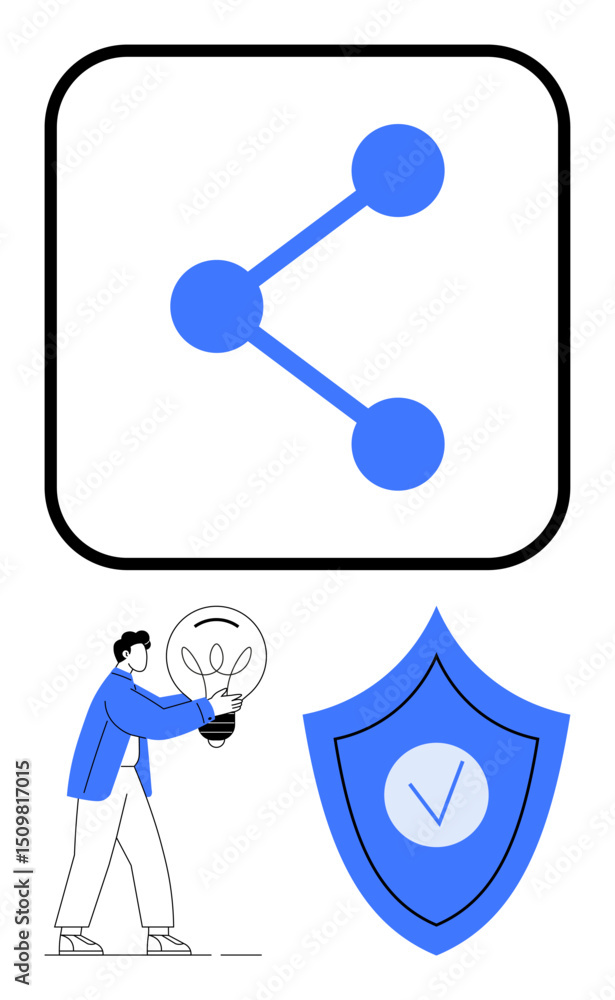 Aufkleber connected network node inside a square, shield with checkmark, and person holding lightbulb. ideal f