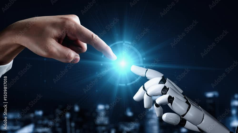 Poster futuristic robot artificial intelligence enlightening ai technology development and machine learning