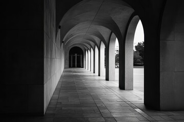 Fototapeta premium Archway perspective showcasing empty corridor and architectural design in black and white tones, Empty archway