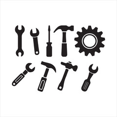 Fototapeta premium Black Silhouette Icons of Hand Tools and Gear on White Background