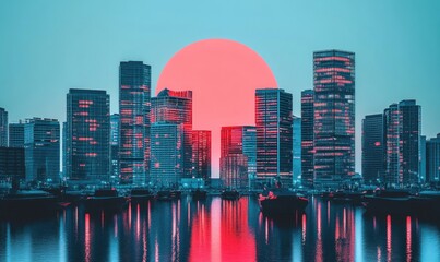 Fototapeta premium Cityscape at sunset, harbor reflections, urban skyline, evening tranquility, website banner