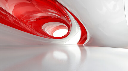 Naklejka premium 3D futuristic abstract red and white flow curved lines wavy clean platform tunnel fashion background. commercial car advertising product display modern banner