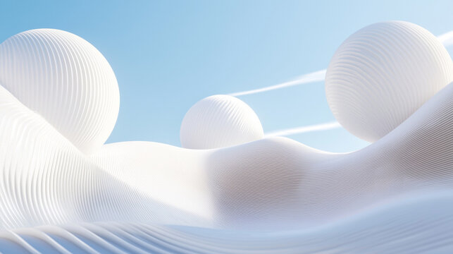 3D floating pearls on white satin mountain hill wave curves serene sphere abstract sky and floating orbs minimalism fashion calm elegant cosmetics background