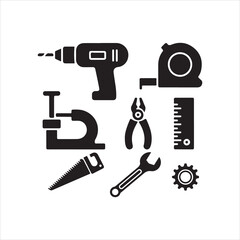 Obraz premium Silhouette Vector Set of Hand Tools – Drill, Saw, Pliers, Wrench & Measuring Icons .