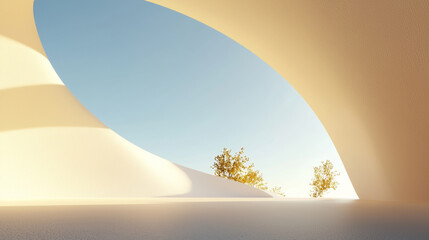 3D minimalist architectural landscape warm sunlight abstract structure open arch smooth curves soft shadows single tree nature serene peaceful scene background