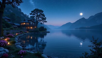 Fototapeta premium Serene Night Landscape with Mountain Lake and Illuminated Cottage Under Full Moon