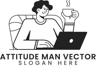 Happy Man Working Laptop Coffee Break mug tea art 