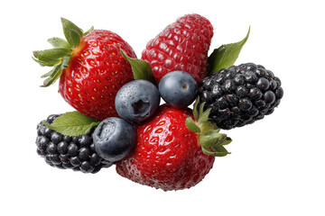 PNG Fresh assorted berries on black background: strawberry, raspberry, blueberry, blackberry