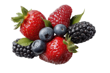 PNG Fresh assorted berries on black background: strawberry, raspberry, blueberry, blackberry