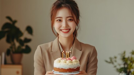 Happy work anniversary,group of young creative team feeling happy after work success at working place in office,birthday cake and celebration and party,good job concept.