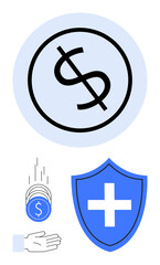 Dollar sign with circle, coins falling into an open palm, and shield with cross emblem. Ideal for finance, insurance, savings, investment, protection, risk management simple landing page