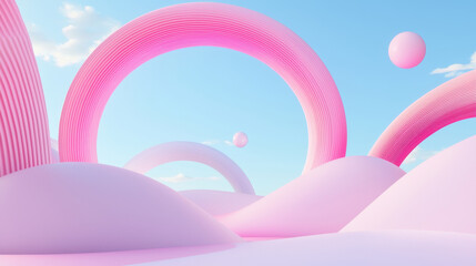 Soft Pink Arches and Floating Spheres in a Dreamy Landscape, Minimalist Digital Art with Smooth Curves and Clear Blue Sky