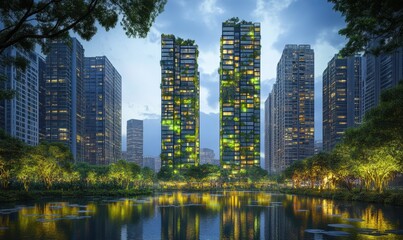 Fototapeta premium Eco-friendly skyscrapers, city park, twilight