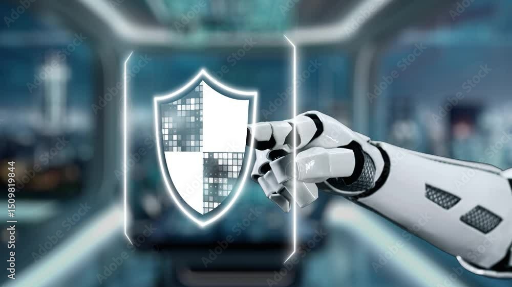 Poster a high-tech robot arm interacts with a glowing digital shield symbol representing cybersecurity and 