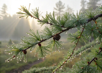 Dew-Kissed Tamarack Branch in Misty Morning Light