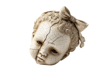 PNG Antique porcelain doll head with cracks and bow on black background