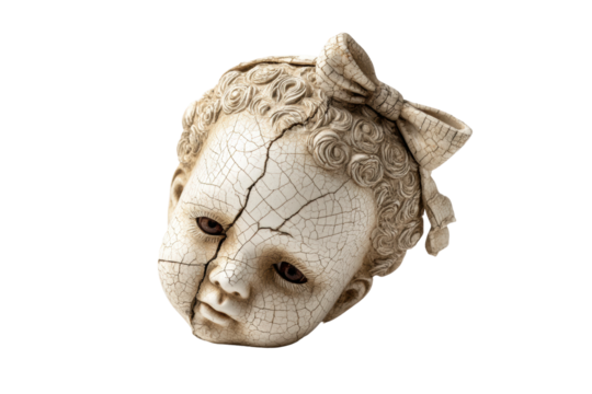 PNG Antique porcelain doll head with cracks and bow on black background