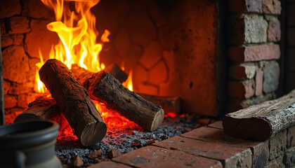 Burning Logs in a Brick Fireplace