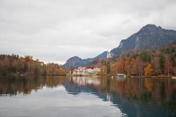 Autumn River Reflection in a Forest Valley, Neuschwanstein castle