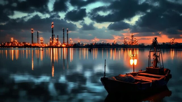 A small boat with a lantern floats on calm water near an illuminated industrial refinery at dusk. - Powered by Adobe