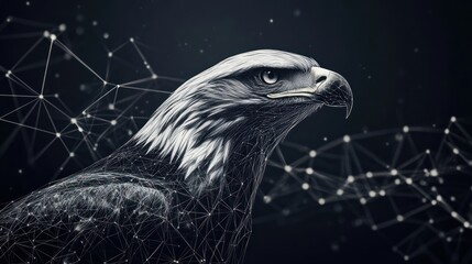 Majestic eagle head rendered in wireframe style against a dark background with connecting lines.