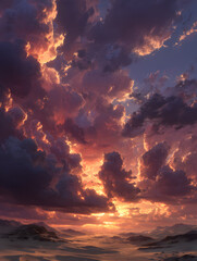 Vibrant sunset clouds reflecting over tranquil ocean waters.