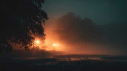 Misty dawn landscape silhouette