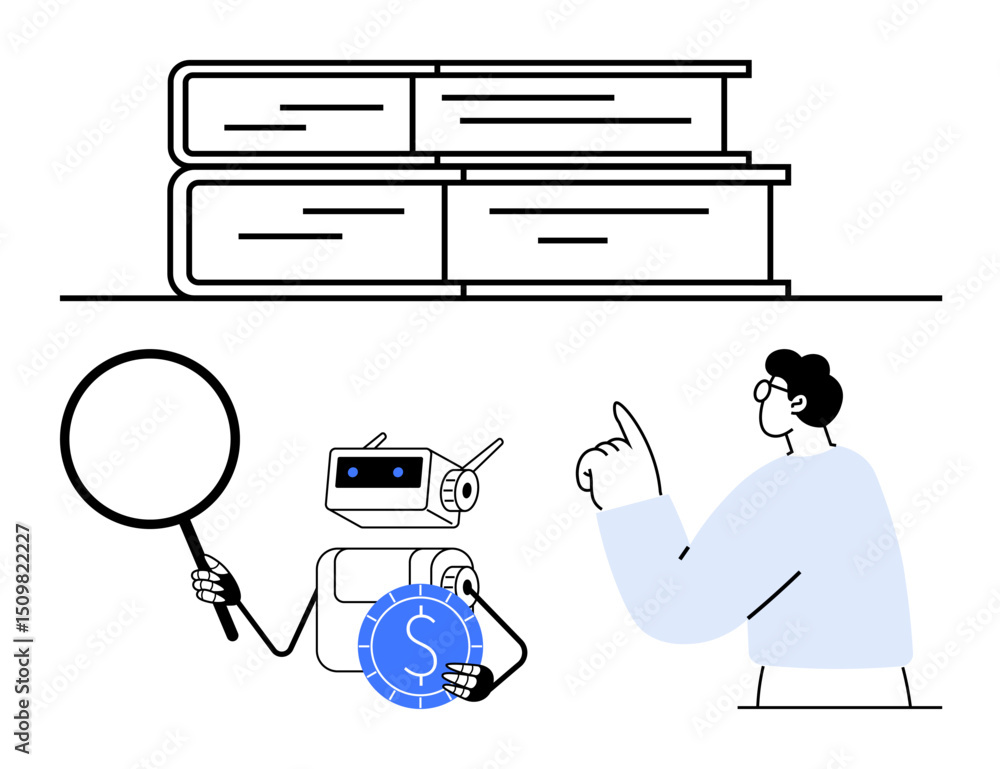 Aufkleber stack of books, humanoid robot with magnifying glass and coin, man gesturing at robot. ideal for edu