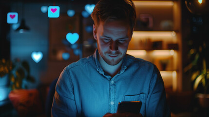 Young man using smartphone at night surrounded by glowing floating social media icons