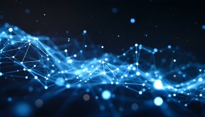 Abstract AI neural network visualization with interconnected glowing lines and pulsating data points.