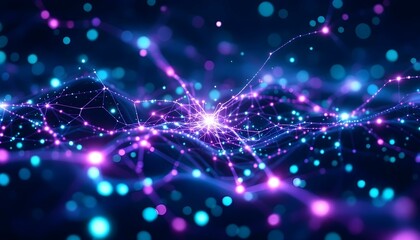 Fototapeta premium Abstract AI neural network visualization with interconnected glowing lines and pulsating data points.
